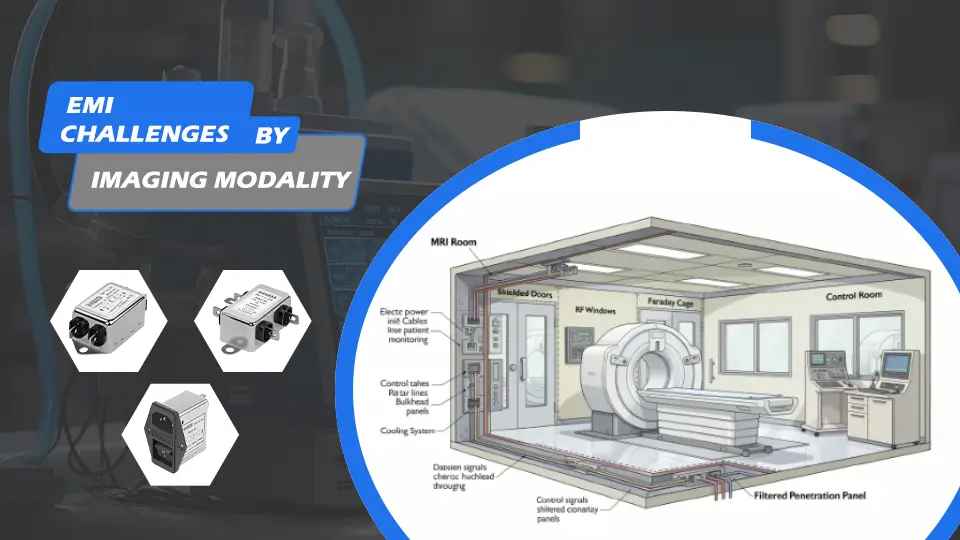 a cross-section diagram of a shielded MRI room, highlighting the effective EMI shielding provided by filtered penetration panels to protect sensitive medical equipment